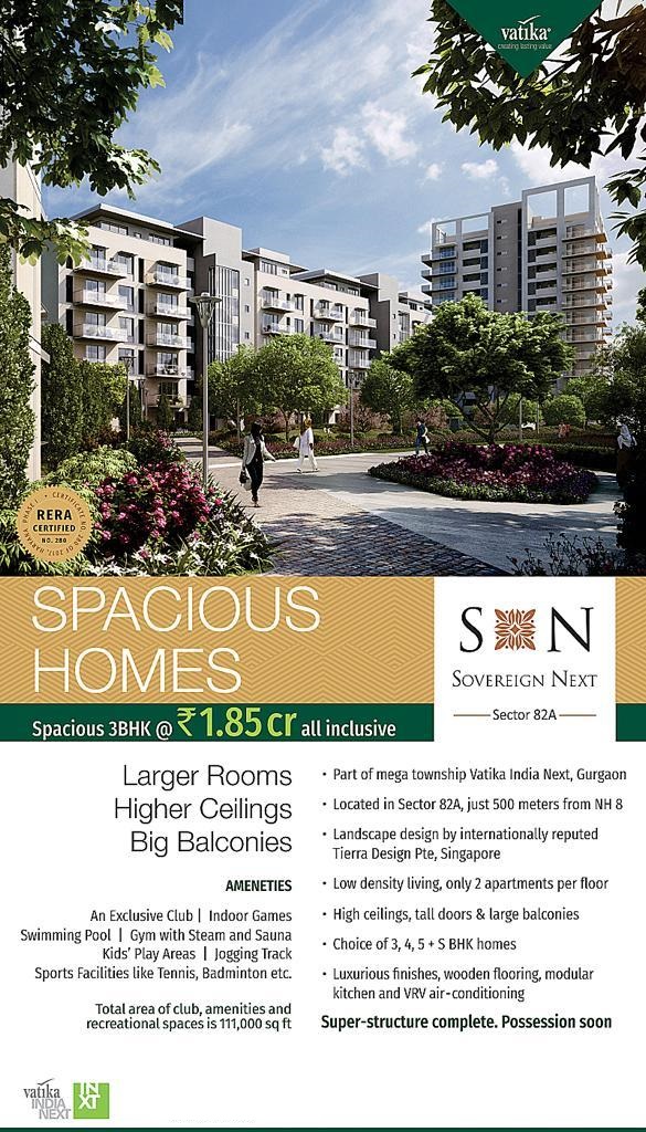 Book spacious 3 BHK homes starting at Rs 1.85 Cr at Vatika Sovereign Next, Gurgaon